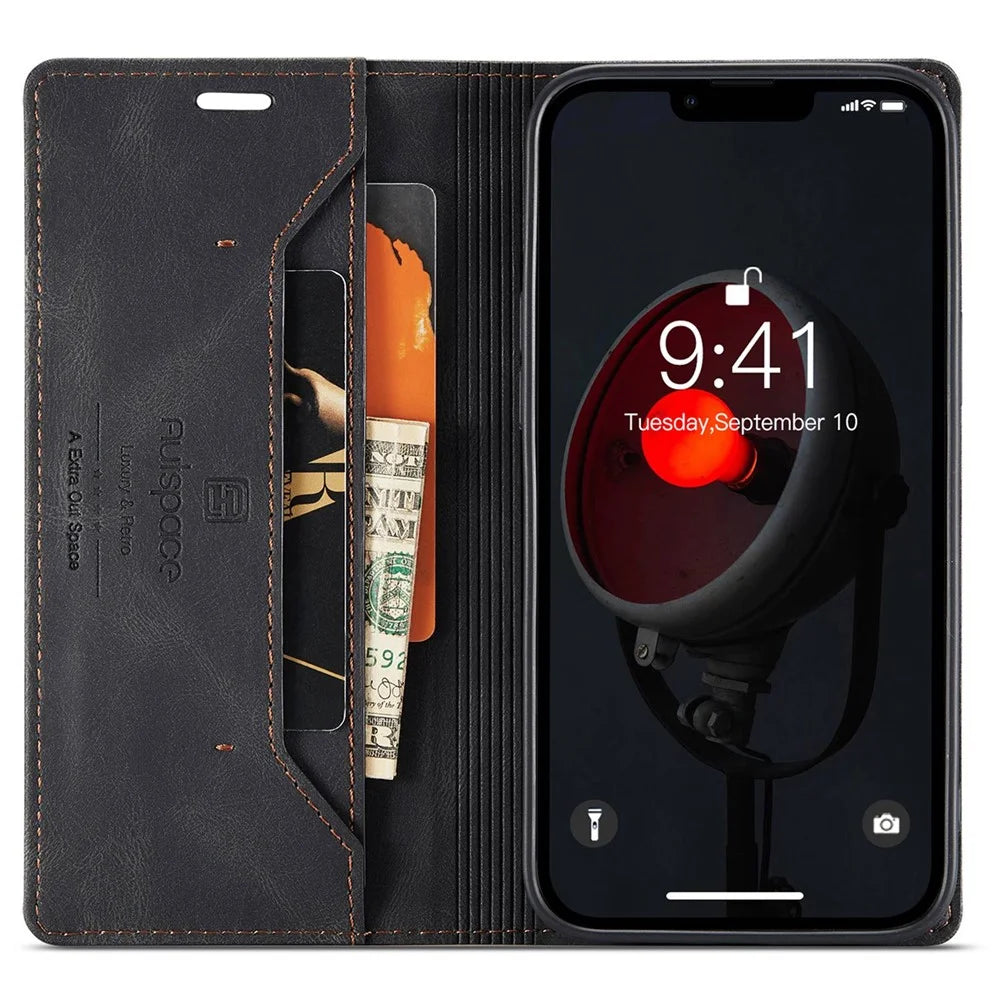 AUTSPACE A01 Series For iPhone 14 6.1 inch Mobile Phone Case Retro Matte PU Leather+TPU RFID Blocking Phone Stand Wallet Cover - Black - 2