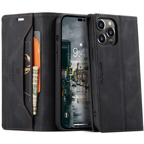 AUTSPACE A01 Series For iPhone 14 Pro 6.1 inch Retro Matte PU Leather Mobile Phone Anti-drop Case RFID Blocking Flip Stand Wallet Cover - Black - 1