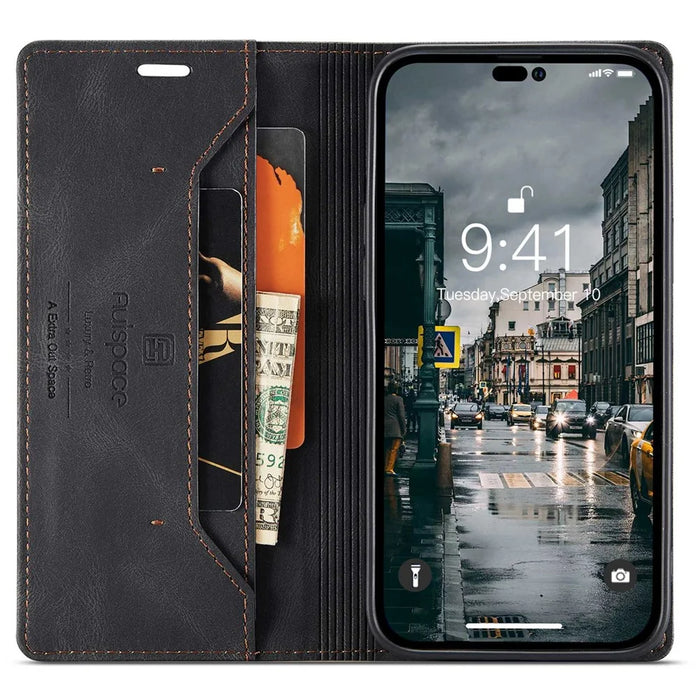 AUTSPACE A01 Series For iPhone 14 Pro 6.1 inch Retro Matte PU Leather Mobile Phone Anti-drop Case RFID Blocking Flip Stand Wallet Cover - Black - 2