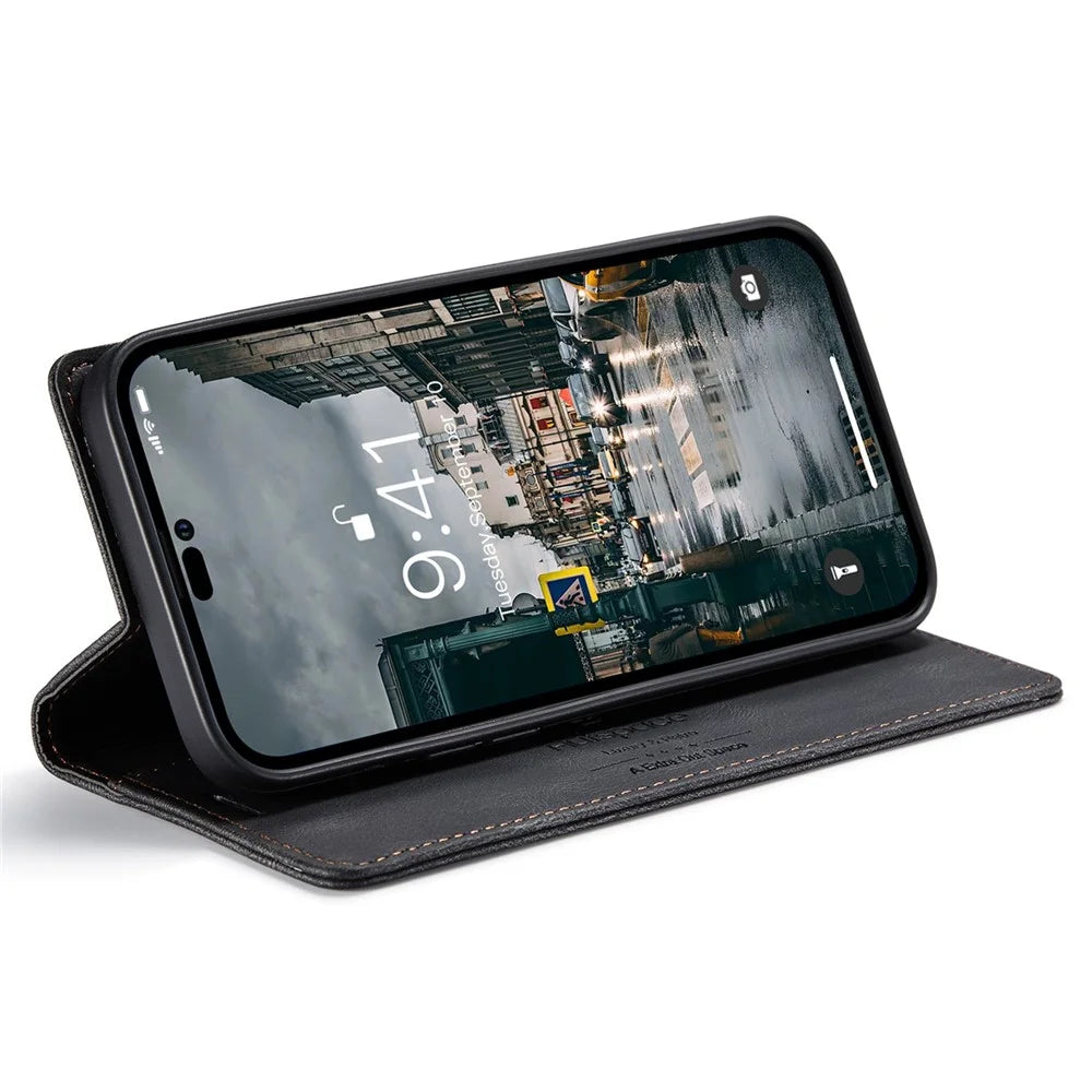 AUTSPACE A01 Series For iPhone 14 Pro 6.1 inch Retro Matte PU Leather Mobile Phone Anti-drop Case RFID Blocking Flip Stand Wallet Cover - Black - 3
