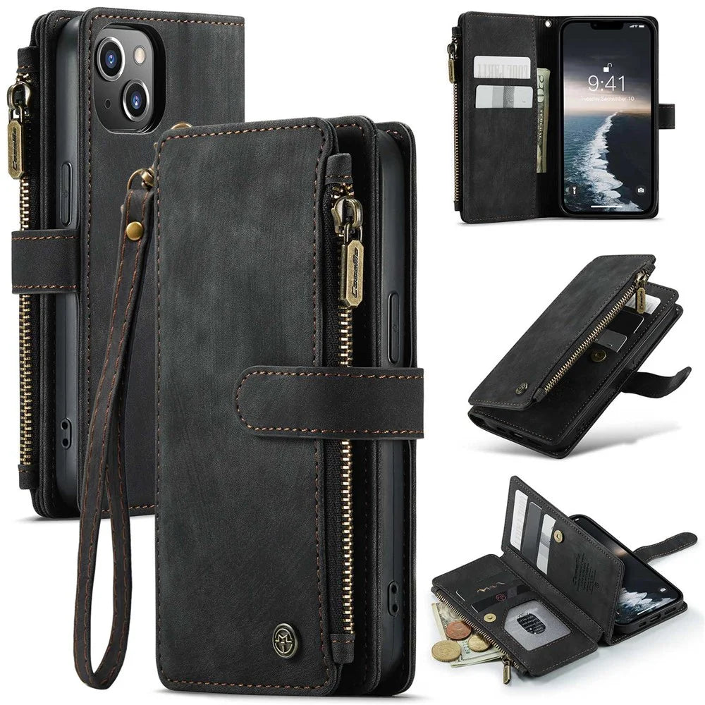 CASEME C30 Series Multiple Card Slots Case for iPhone 14 6.1 inch, Zipper Pocket Wallet PU Leather Stand Phone Cover with Strap - Black - 1
