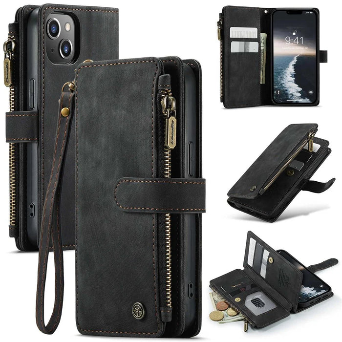 CASEME C30 Series Multiple Card Slots Case for iPhone 14 6.1 inch, Zipper Pocket Wallet PU Leather Stand Phone Cover with Strap - Black - 1