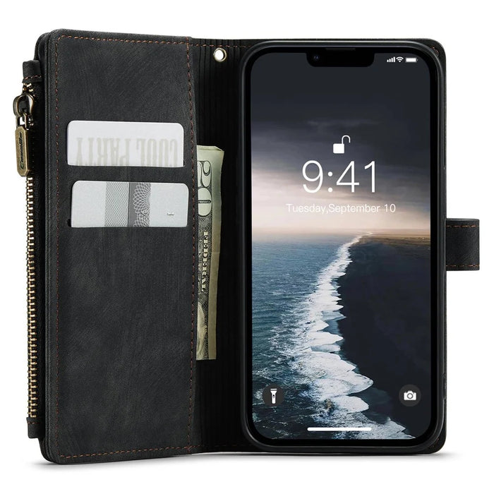 CASEME C30 Series Multiple Card Slots Case for iPhone 14 6.1 inch, Zipper Pocket Wallet PU Leather Stand Phone Cover with Strap - Black - 2