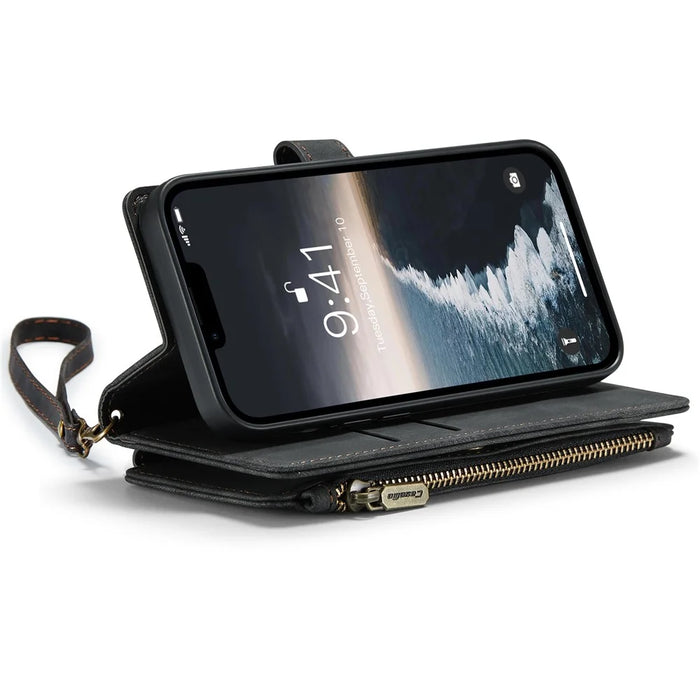 CASEME C30 Series Multiple Card Slots Case for iPhone 14 6.1 inch, Zipper Pocket Wallet PU Leather Stand Phone Cover with Strap - Black - 3