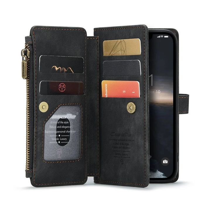 CASEME C30 Series Multiple Card Slots Case for iPhone 14 6.1 inch, Zipper Pocket Wallet PU Leather Stand Phone Cover with Strap - Black - 4