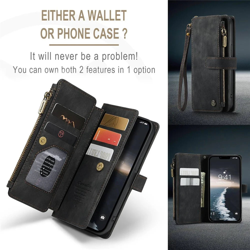CASEME C30 Series Multiple Card Slots Case for iPhone 14 6.1 inch, Zipper Pocket Wallet PU Leather Stand Phone Cover with Strap - Black - 5