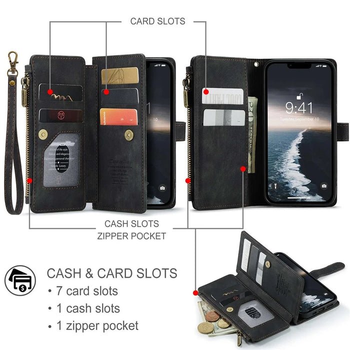 CASEME C30 Series Multiple Card Slots Case for iPhone 14 6.1 inch, Zipper Pocket Wallet PU Leather Stand Phone Cover with Strap - Black - 6