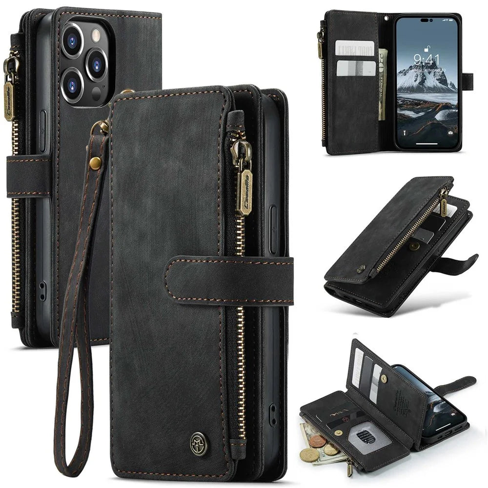 CASEME C30 Series for iPhone 14 Pro 6.1 inch Zipper Pocket Wallet Phone Case PU Leather Stand Multiple Card Slots Cover with Strap - Black - 1