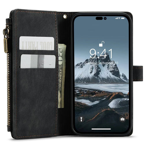 CASEME C30 Series for iPhone 14 Pro 6.1 inch Zipper Pocket Wallet Phone Case PU Leather Stand Multiple Card Slots Cover with Strap - Black - 2