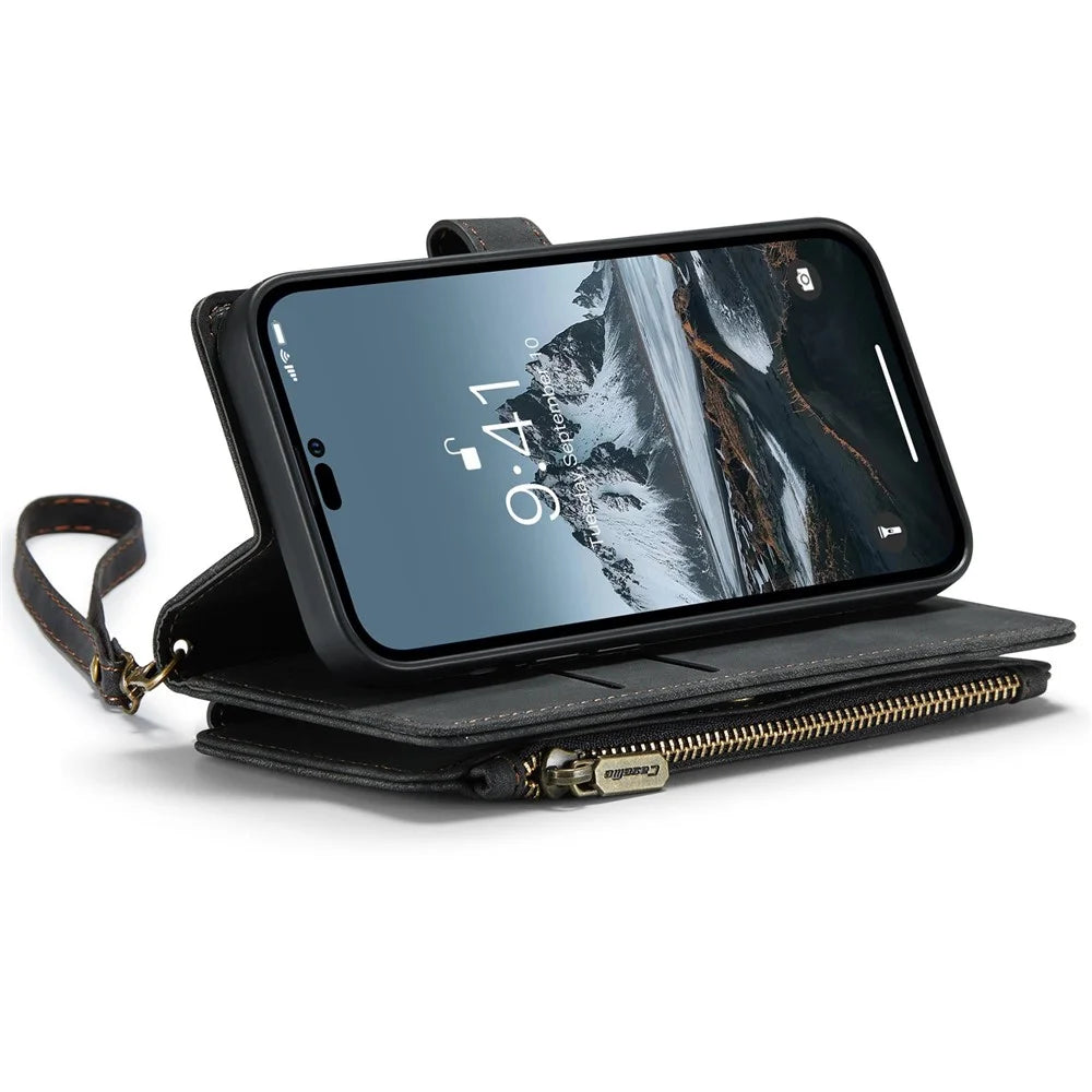 CASEME C30 Series for iPhone 14 Pro 6.1 inch Zipper Pocket Wallet Phone Case PU Leather Stand Multiple Card Slots Cover with Strap - Black - 3