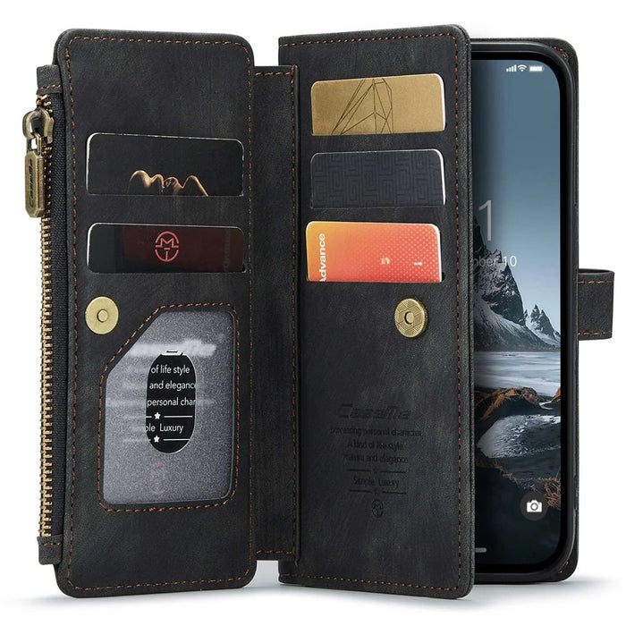 CASEME C30 Series for iPhone 14 Pro 6.1 inch Zipper Pocket Wallet Phone Case PU Leather Stand Multiple Card Slots Cover with Strap - Black - 4