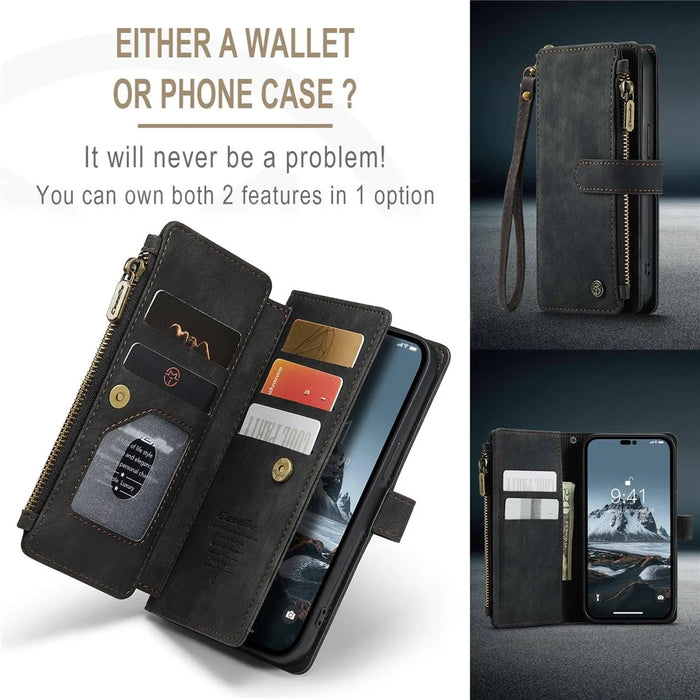 CASEME C30 Series for iPhone 14 Pro 6.1 inch Zipper Pocket Wallet Phone Case PU Leather Stand Multiple Card Slots Cover with Strap - Black - 5