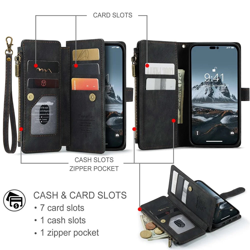CASEME C30 Series for iPhone 14 Pro 6.1 inch Zipper Pocket Wallet Phone Case PU Leather Stand Multiple Card Slots Cover with Strap - Black - 6