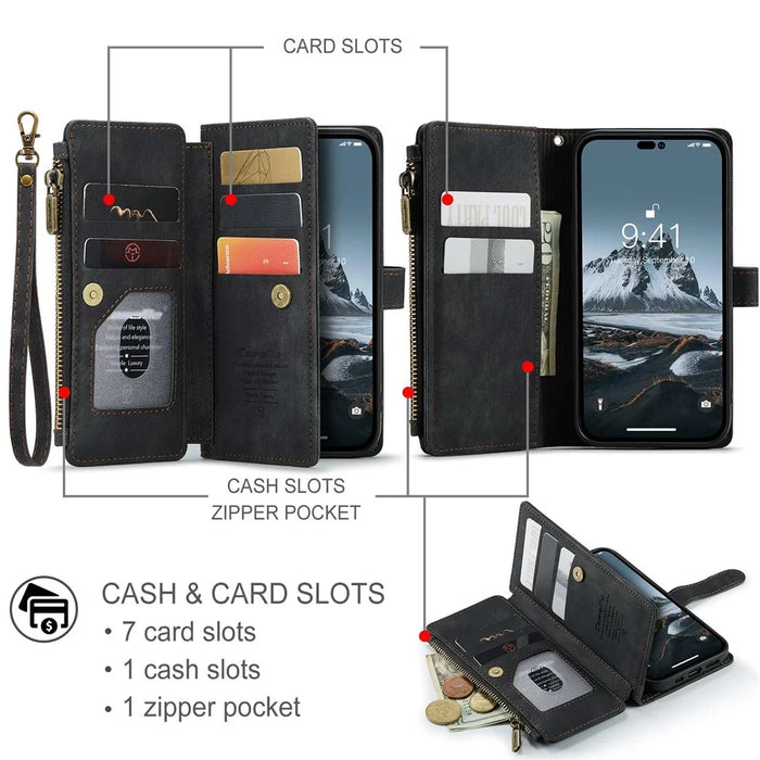 CASEME C30 Series for iPhone 14 Pro 6.1 inch Zipper Pocket Wallet Phone Case PU Leather Stand Multiple Card Slots Cover with Strap - Black - 6