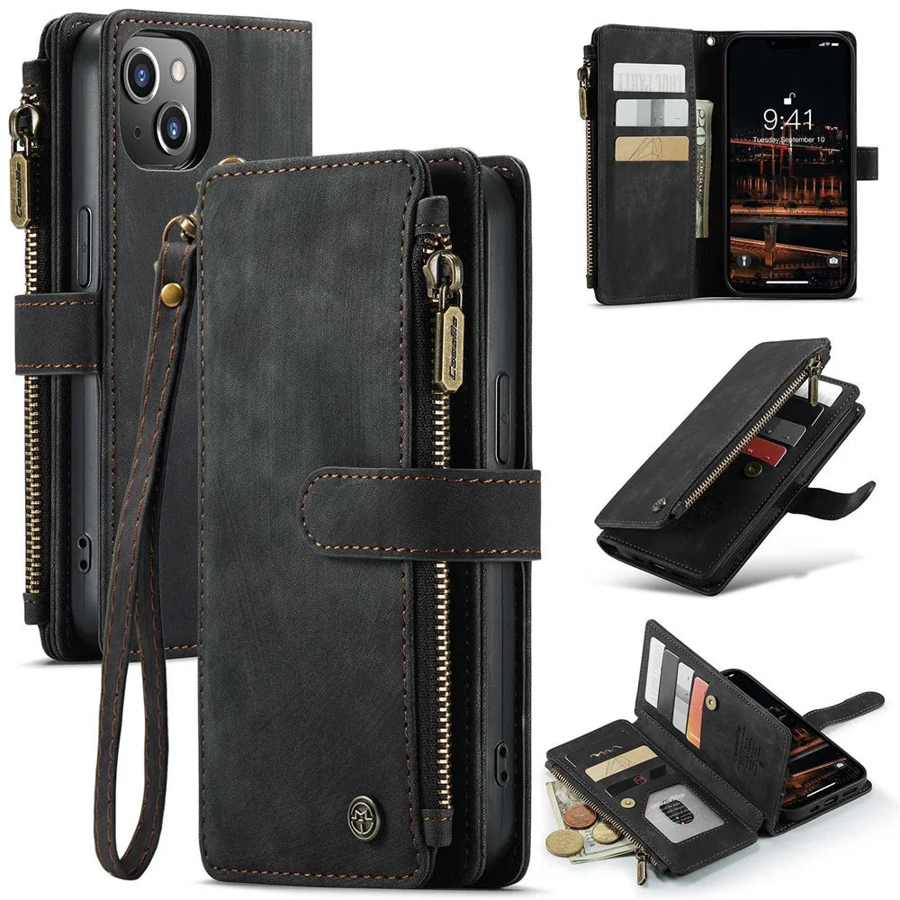 For iPhone 14 Plus Phone Cases with Strap CASEME C30 Zipper Multiple Card Holder PU Leather Cover - Black - 1