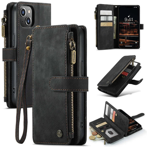 For iPhone 14 Plus Phone Cases with Strap CASEME C30 Zipper Multiple Card Holder PU Leather Cover - Black - 1