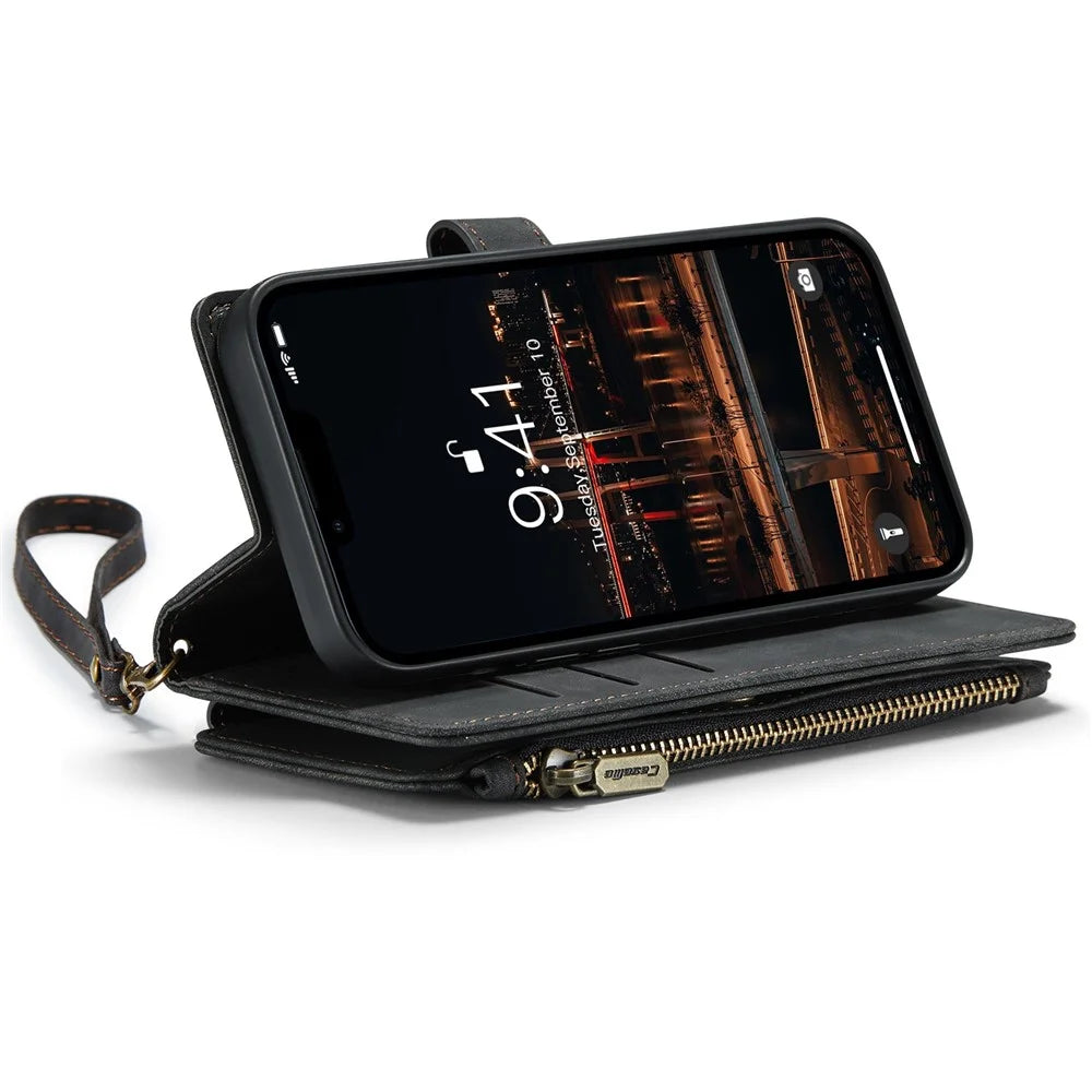 For iPhone 14 Plus Phone Cases with Strap CASEME C30 Zipper Multiple Card Holder PU Leather Cover - Black - 2