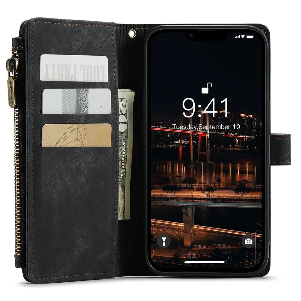 For iPhone 14 Plus Phone Cases with Strap CASEME C30 Zipper Multiple Card Holder PU Leather Cover - Black - 3