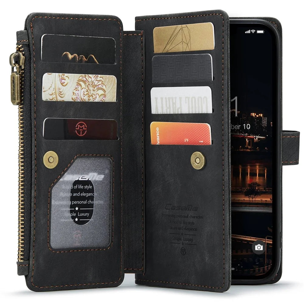For iPhone 14 Plus Phone Cases with Strap CASEME C30 Zipper Multiple Card Holder PU Leather Cover - Black - 4