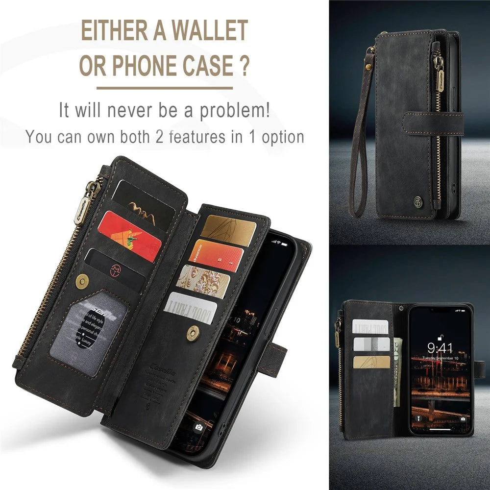For iPhone 14 Plus Phone Cases with Strap CASEME C30 Zipper Multiple Card Holder PU Leather Cover - Black - 5
