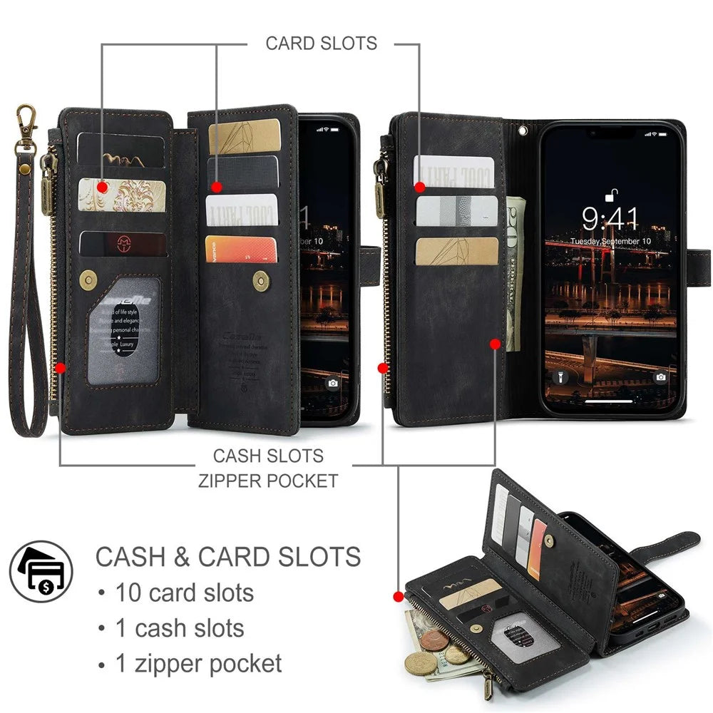 For iPhone 14 Plus Phone Cases with Strap CASEME C30 Zipper Multiple Card Holder PU Leather Cover - Black - 6