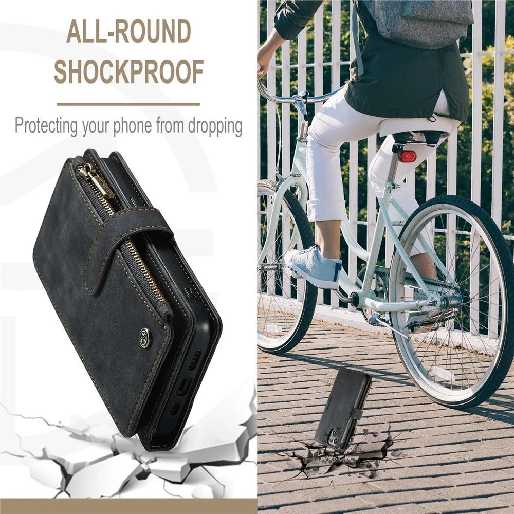 For iPhone 14 Plus Phone Cases with Strap CASEME C30 Zipper Multiple Card Holder PU Leather Cover - Black - 7