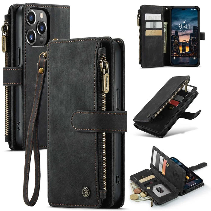For iPhone 14 Pro Max Phone Cases with Strap CASEME C30 Zipper Multiple Card Holder PU Leather Cover - Black - 1