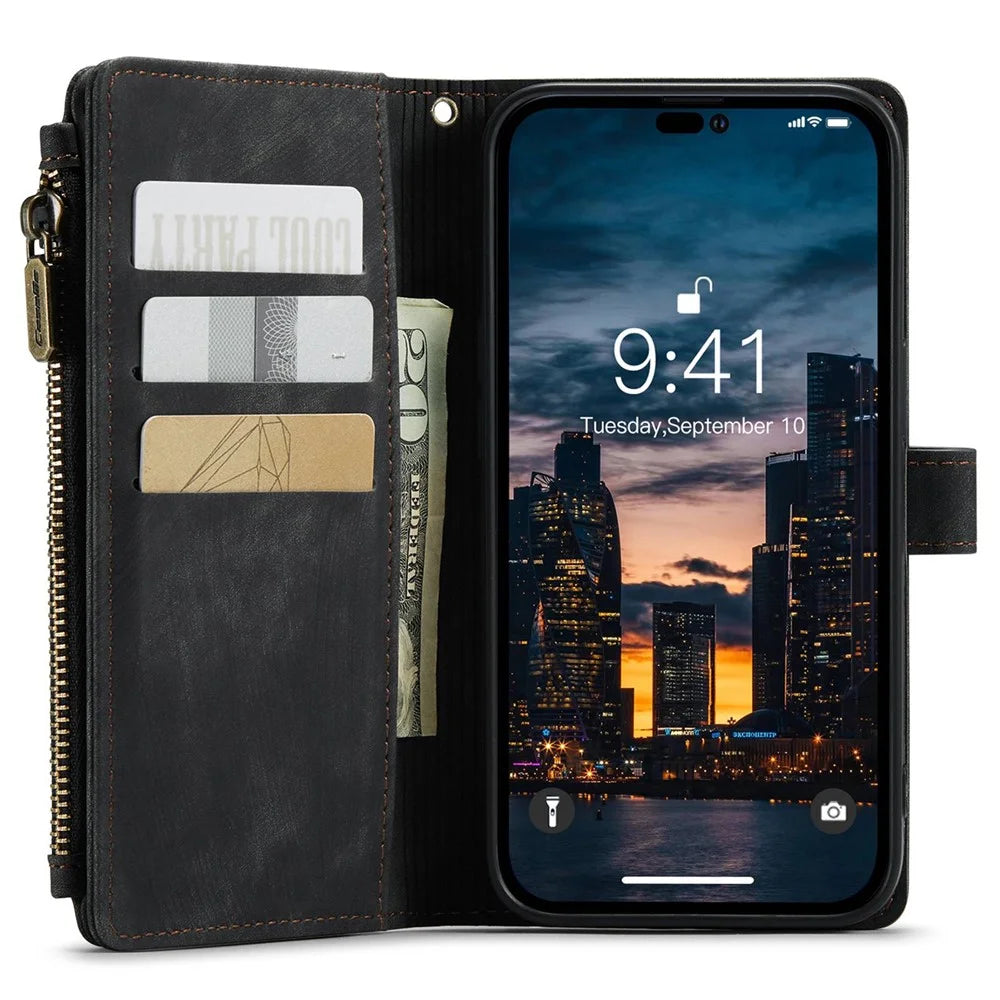 For iPhone 14 Pro Max Phone Cases with Strap CASEME C30 Zipper Multiple Card Holder PU Leather Cover - Black - 4