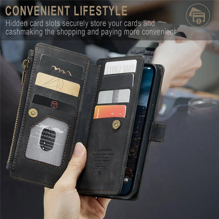 For iPhone 14 Pro Max Phone Cases with Strap CASEME C30 Zipper Multiple Card Holder PU Leather Cover - Black - 5