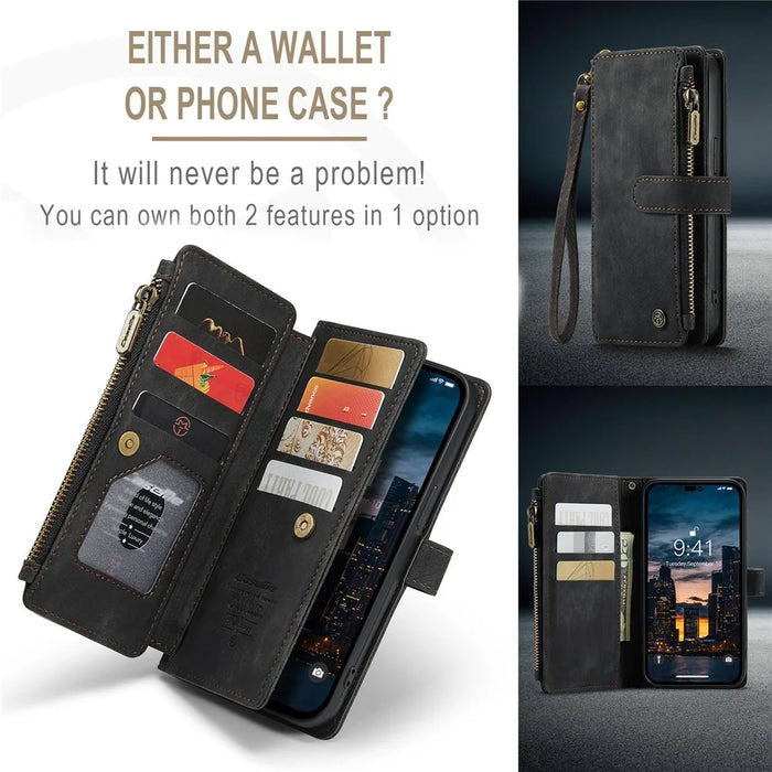 For iPhone 14 Pro Max Phone Cases with Strap CASEME C30 Zipper Multiple Card Holder PU Leather Cover - Black - 6
