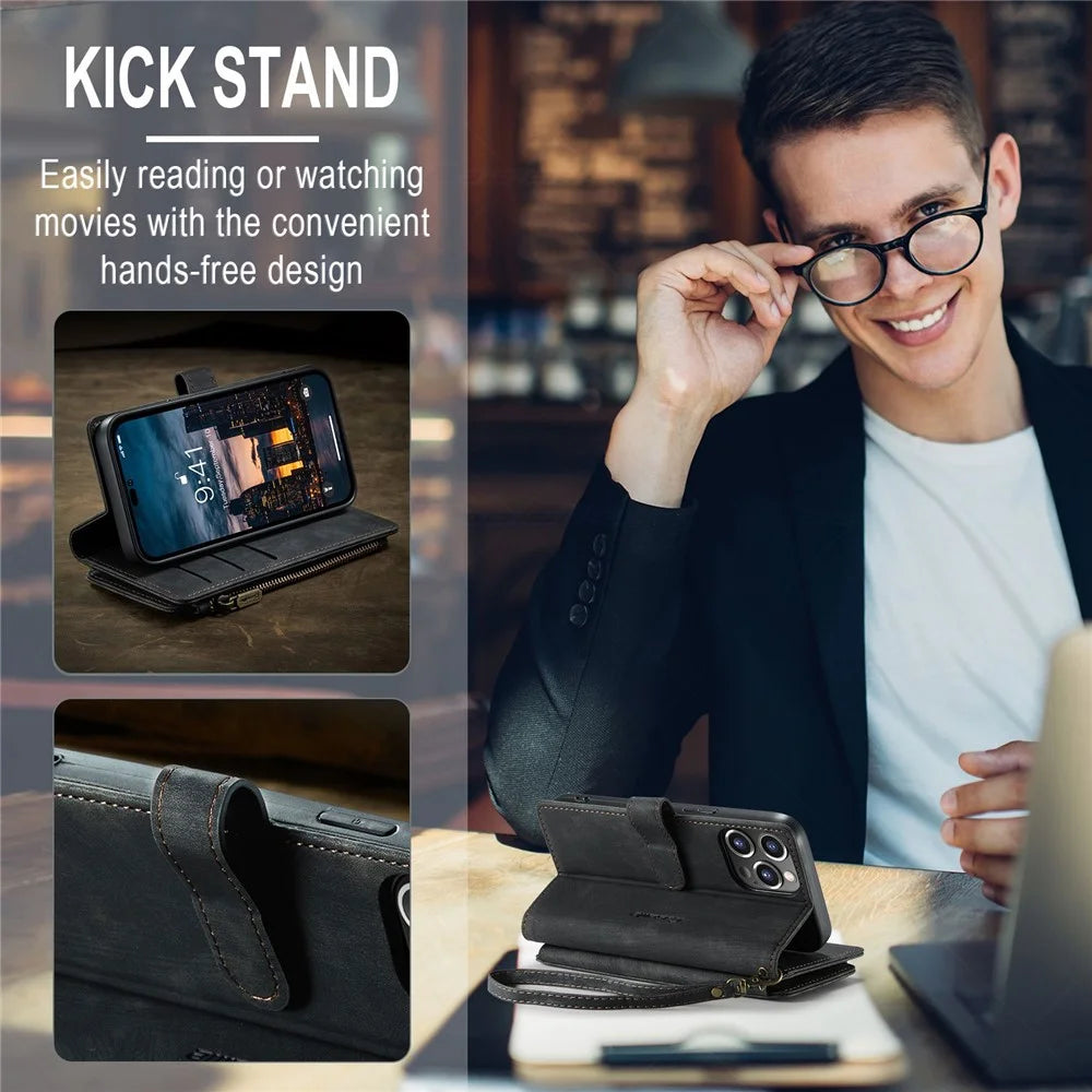 For iPhone 14 Pro Max Phone Cases with Strap CASEME C30 Zipper Multiple Card Holder PU Leather Cover - Black - 7