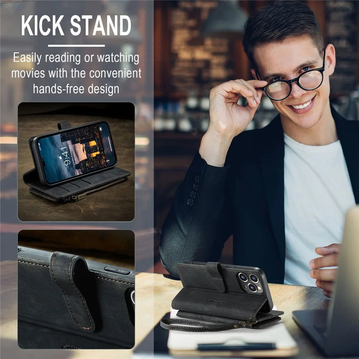 For iPhone 14 Pro Max Phone Cases with Strap CASEME C30 Zipper Multiple Card Holder PU Leather Cover - Black - 7