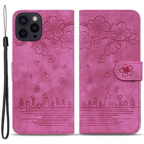 Cherry Blossom Cat Imprinted Case for iPhone 14 6.1 inch, Stand PU Leather Anti-drop Phone Wallet Cover with Strap - Rose - 1