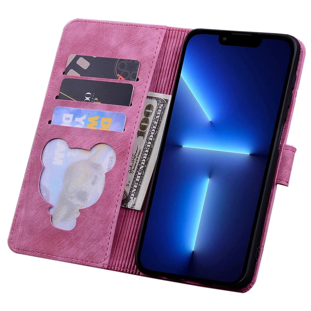Cherry Blossom Cat Imprinted Case for iPhone 14 6.1 inch, Stand PU Leather Anti-drop Phone Wallet Cover with Strap - Rose - 2
