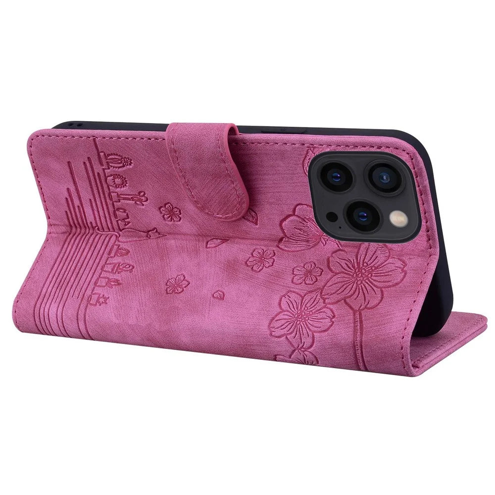 Cherry Blossom Cat Imprinted Case for iPhone 14 6.1 inch, Stand PU Leather Anti-drop Phone Wallet Cover with Strap - Rose - 4