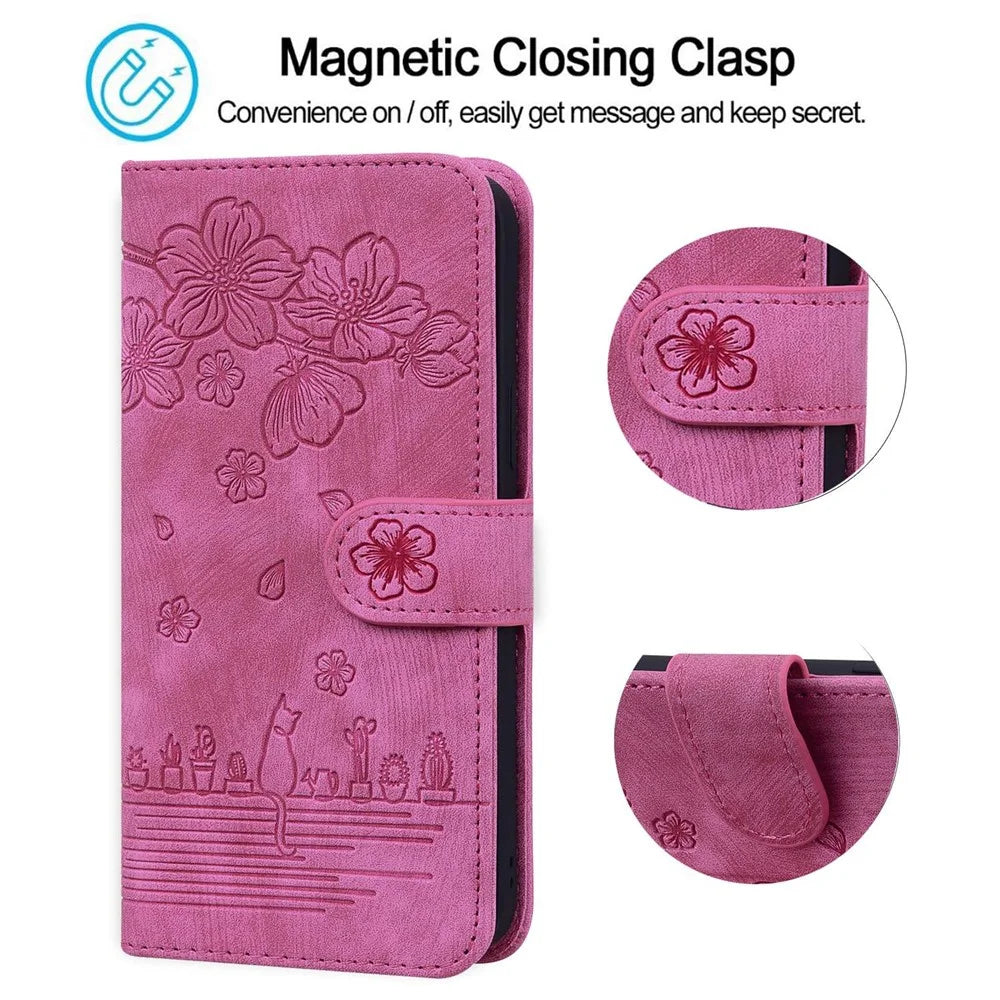Cherry Blossom Cat Imprinted Case for iPhone 14 6.1 inch, Stand PU Leather Anti-drop Phone Wallet Cover with Strap - Rose - 5