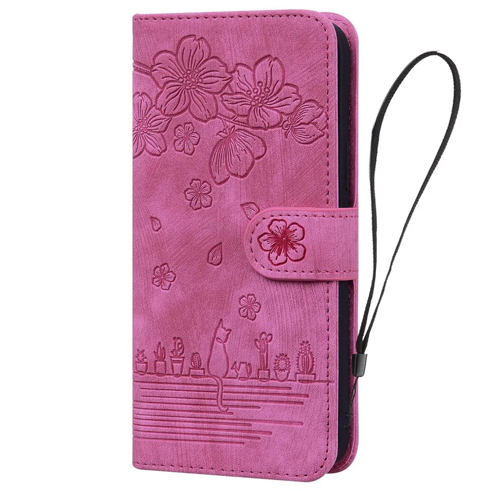 Cherry Blossom Cat Imprinted Case for iPhone 14 6.1 inch, Stand PU Leather Anti-drop Phone Wallet Cover with Strap - Rose - 6