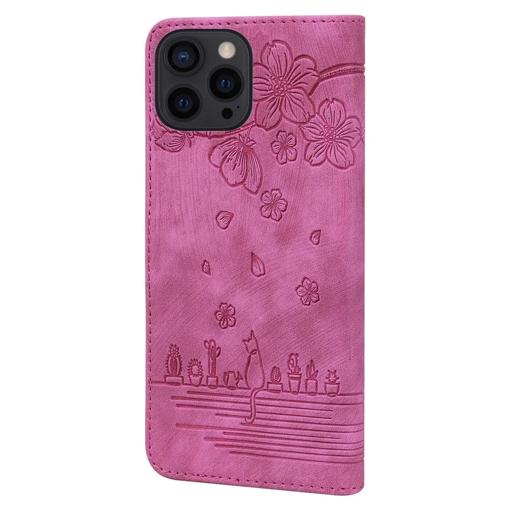 Cherry Blossom Cat Imprinted Case for iPhone 14 6.1 inch, Stand PU Leather Anti-drop Phone Wallet Cover with Strap - Rose - 7