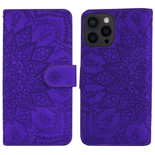 For iPhone 14 6.1 inch Imprint Flower Phone Cover Well-protected Wallet Design Calf Texture Leather Cover with Stand - Purple - 1