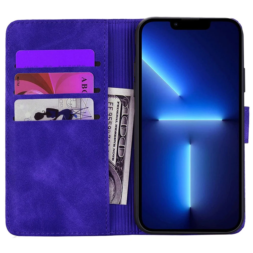 For iPhone 14 6.1 inch Imprint Flower Phone Cover Well-protected Wallet Design Calf Texture Leather Cover with Stand - Purple - 2