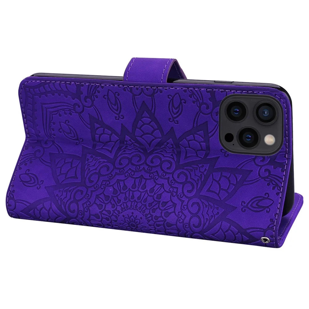 For iPhone 14 6.1 inch Imprint Flower Phone Cover Well-protected Wallet Design Calf Texture Leather Cover with Stand - Purple - 4