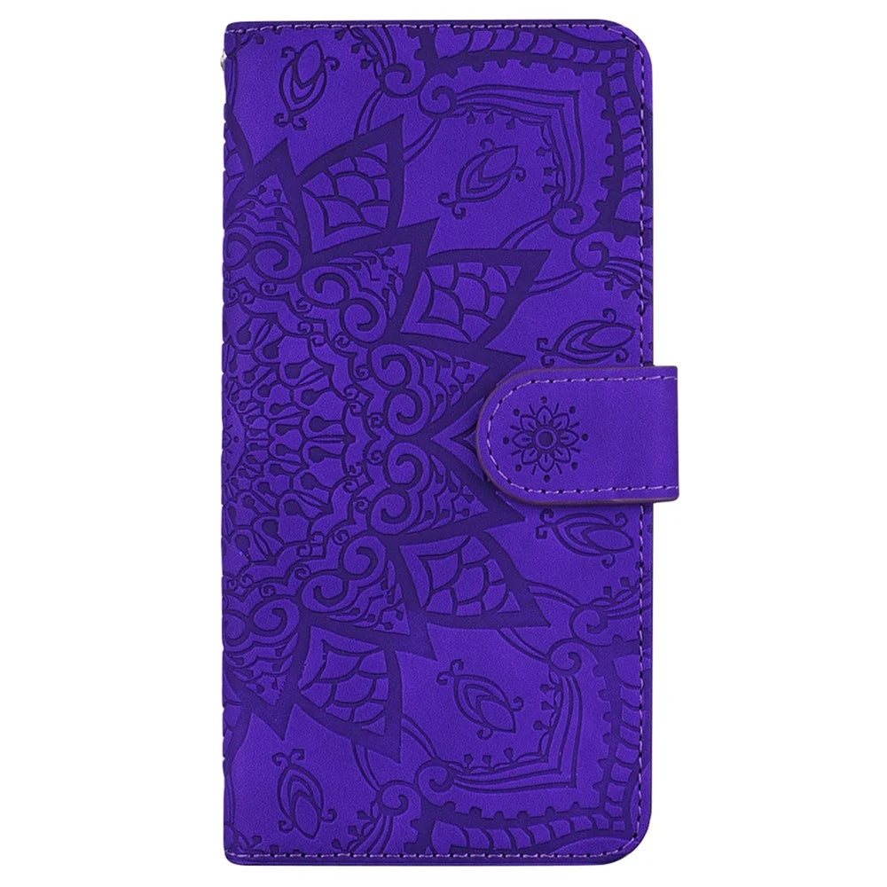 For iPhone 14 6.1 inch Imprint Flower Phone Cover Well-protected Wallet Design Calf Texture Leather Cover with Stand - Purple - 5