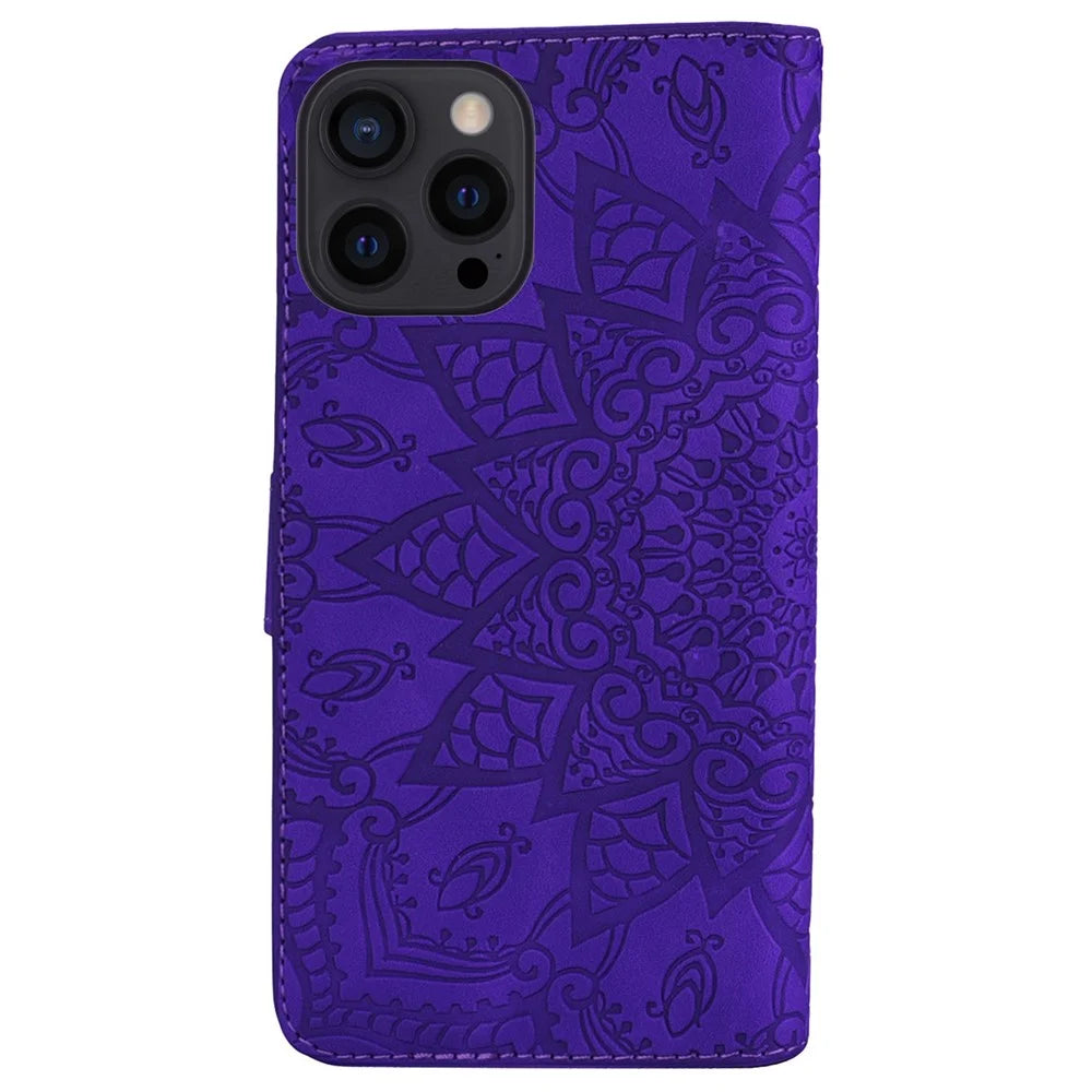 For iPhone 14 6.1 inch Imprint Flower Phone Cover Well-protected Wallet Design Calf Texture Leather Cover with Stand - Purple - 6