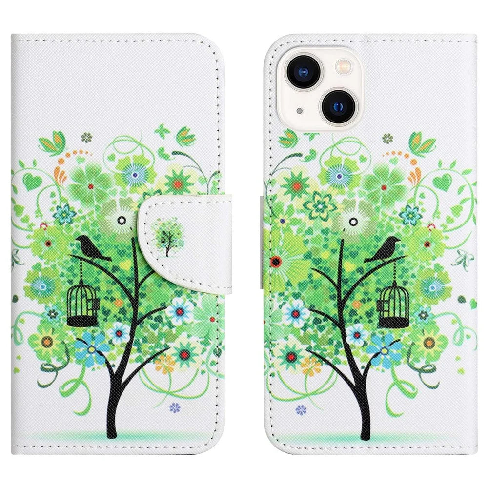 For iPhone 14 6.1 inch Pattern Printing Phone Case Cross Texture PU Leather Foldable Stand Wallet Folio Flip Cover - Green Tree - 1