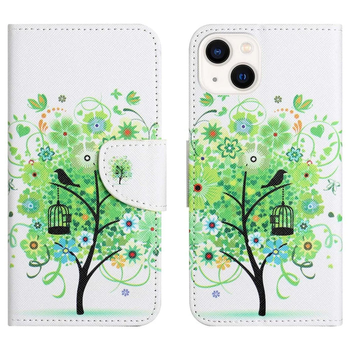 For iPhone 14 6.1 inch Pattern Printing Phone Case Cross Texture PU Leather Foldable Stand Wallet Folio Flip Cover - Green Tree - 1