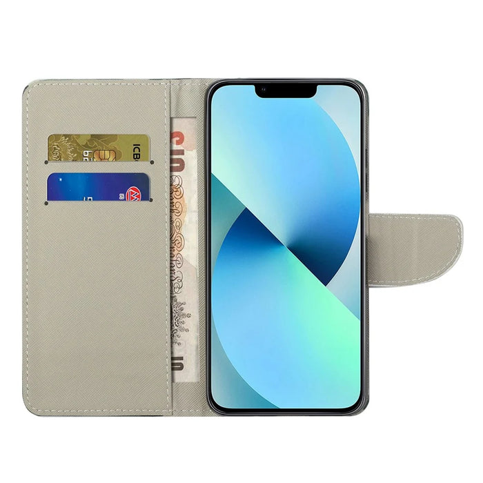 For iPhone 14 6.1 inch Pattern Printing Phone Case Cross Texture PU Leather Foldable Stand Wallet Folio Flip Cover - Green Tree - 3