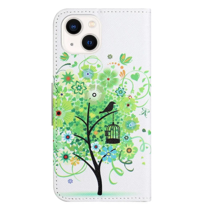 For iPhone 14 6.1 inch Pattern Printing Phone Case Cross Texture PU Leather Foldable Stand Wallet Folio Flip Cover - Green Tree - 6