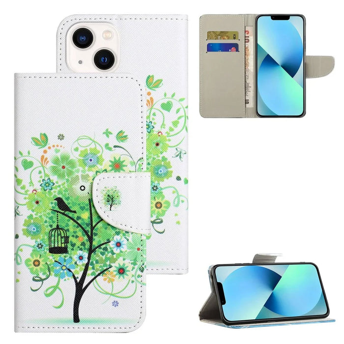 For iPhone 14 6.1 inch Pattern Printing Phone Case Cross Texture PU Leather Foldable Stand Wallet Folio Flip Cover - Green Tree - 7