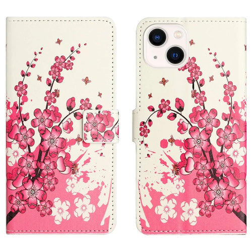 For iPhone 14 6.1 inch Wallet Stand Book Style Magnetic Clasp PU Leather Case Pattern Printing Phone Cover - Plum Blossom - 1
