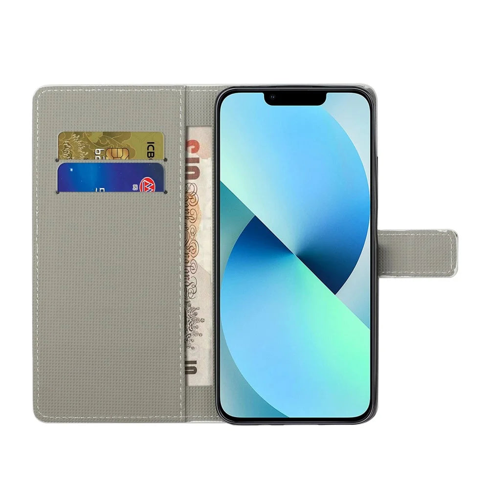 For iPhone 14 6.1 inch Wallet Stand Book Style Magnetic Clasp PU Leather Case Pattern Printing Phone Cover - Plum Blossom - 3